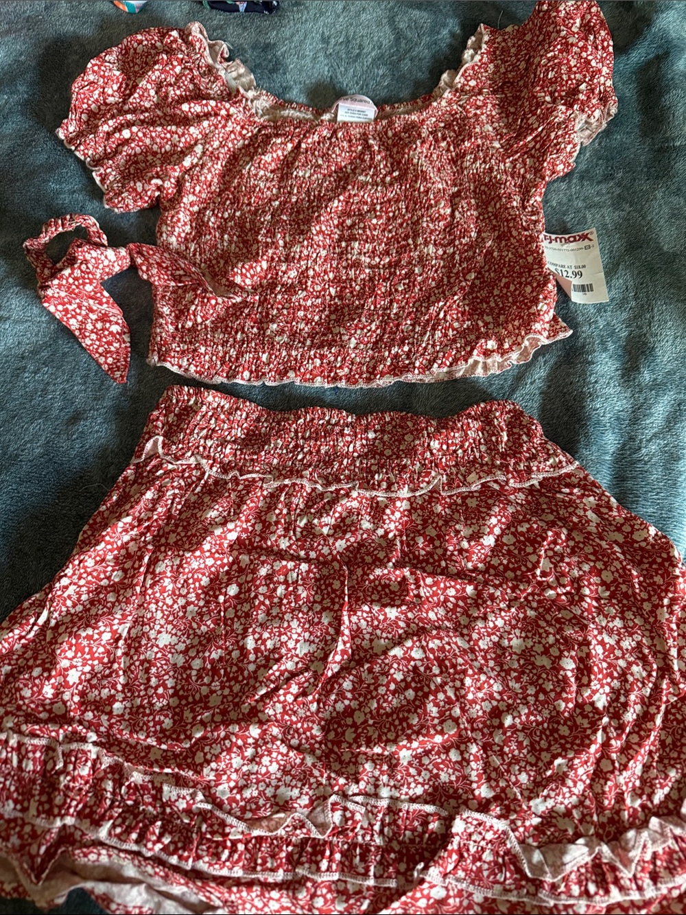Love Squared Red Floral Smocked Waist Skirt and matching top